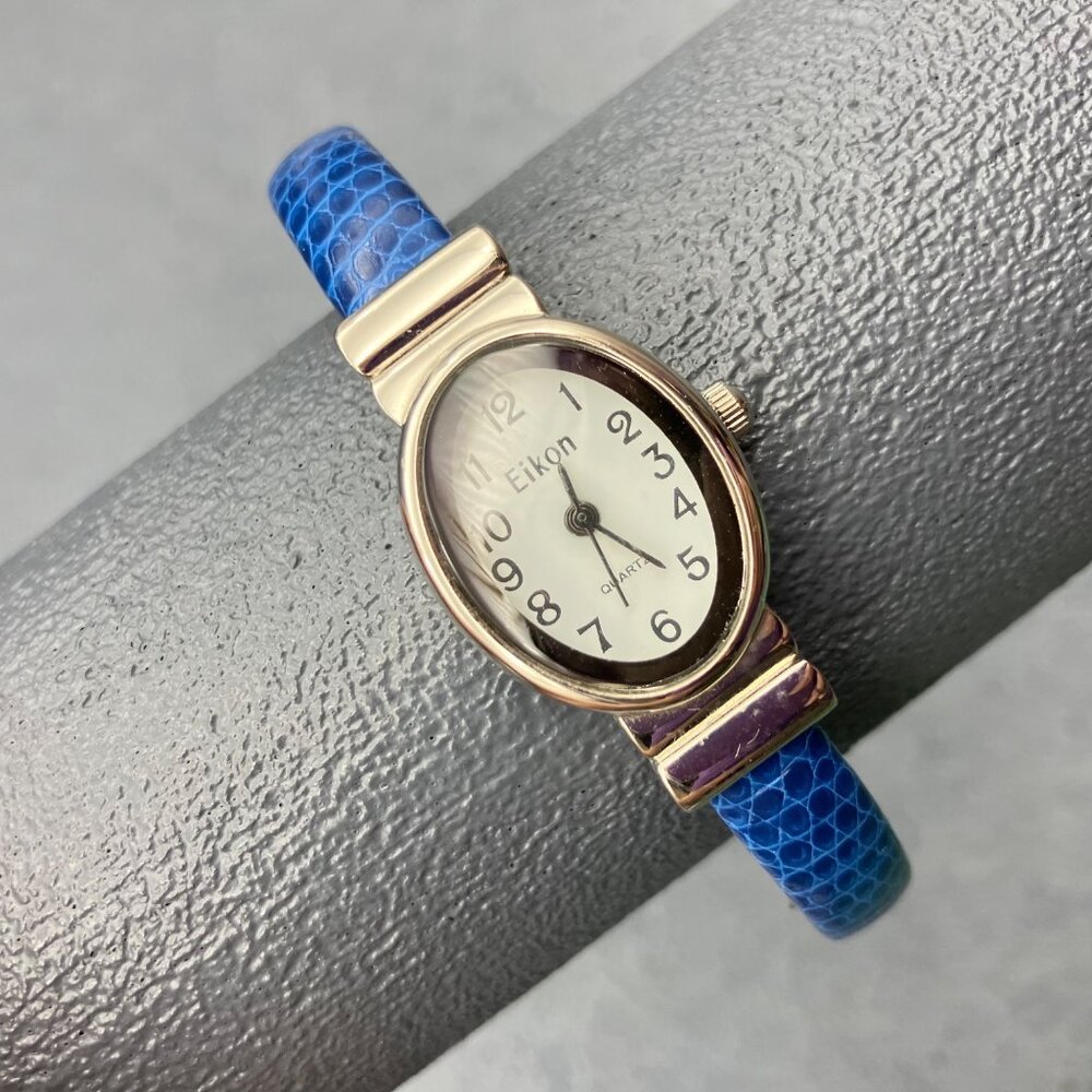 Eikon Womens Quartz Watch As Is Stainless Steel Back Blue Snake Leather Flexible